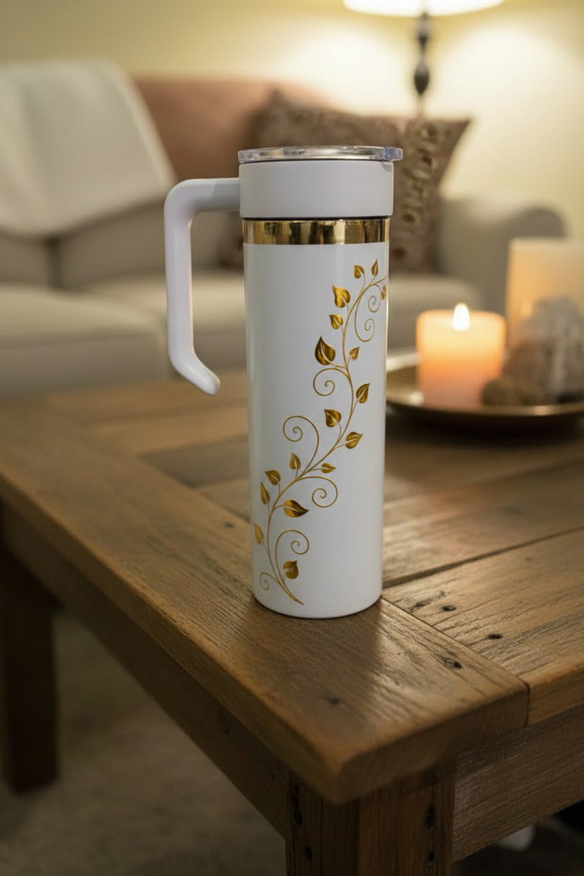Engraved 30 oz White Tumbler with Gold Metal